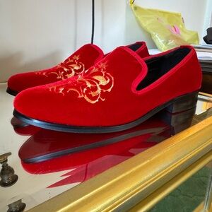 Luxurious Red and Gold Velvet Slip-On Loafers 9